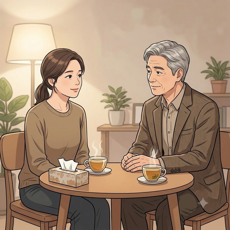 상담실에서 재무설계사와 조용히 이야기를 나누는 모습