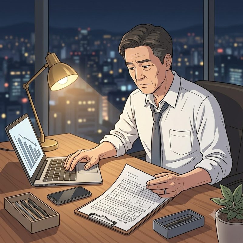 늦은 저녁 책상에서 재무제표를 검토하는 대표의 모습