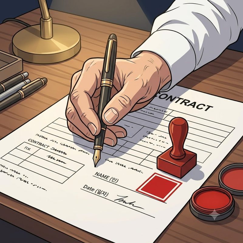 연대보증 서류에 서명하는 손과 법인 도장