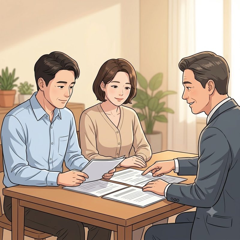 며느리와 사위가 상담사와 함께 서류를 검토하며 이야기를 나누는 모습