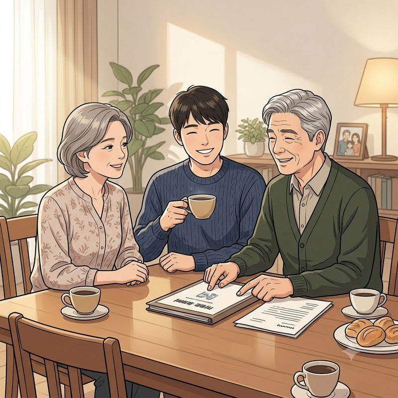 부모와 성인 자녀가 함께 신탁 서류를 살펴보는 다정한 모습