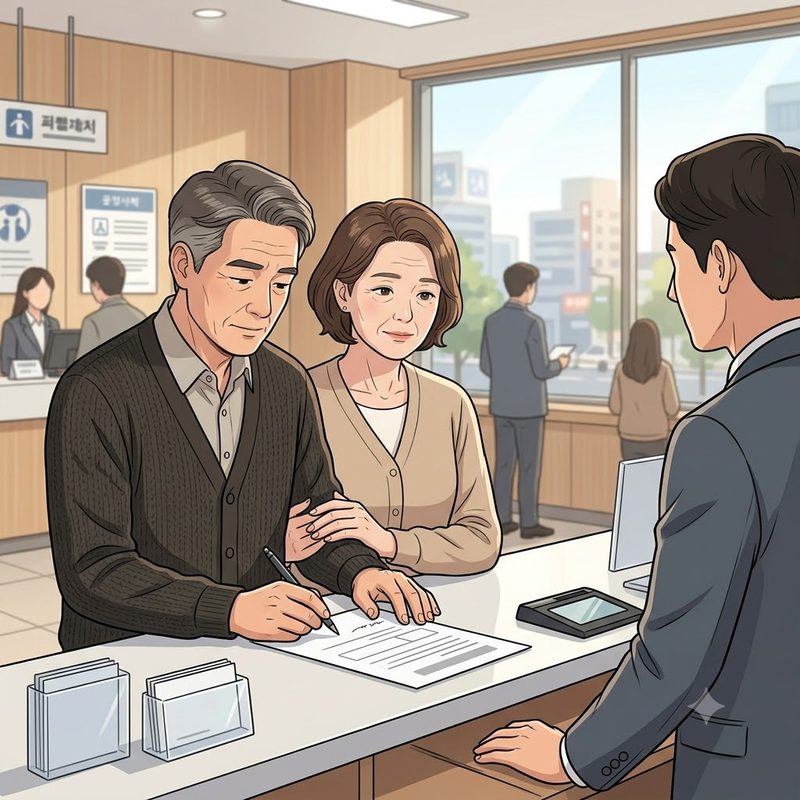 가정법원 창구에서 상속포기 서류에 서명하는 부부의 모습