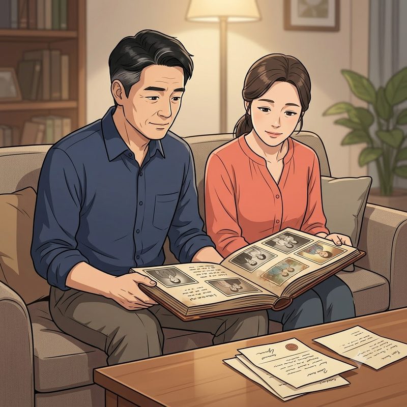형제자매가 오래된 사진첩과 증여 서류를 함께 살펴보는 모습