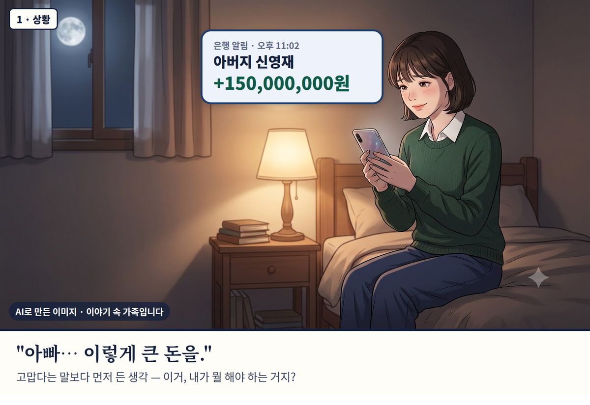 이야기 속 가족(AI 이미지) 1컷, 밤 11시. 스탠드 불빛 아래 침대 끝에 앉은 하늘이 아버지의 1억 5천만 원 입금 알림을 본다. 자막: 아빠, 이렇게 큰 돈을. 고맙다는 말보다 먼저 든 생각, 이거 내가 뭘 해야 하는 거지?