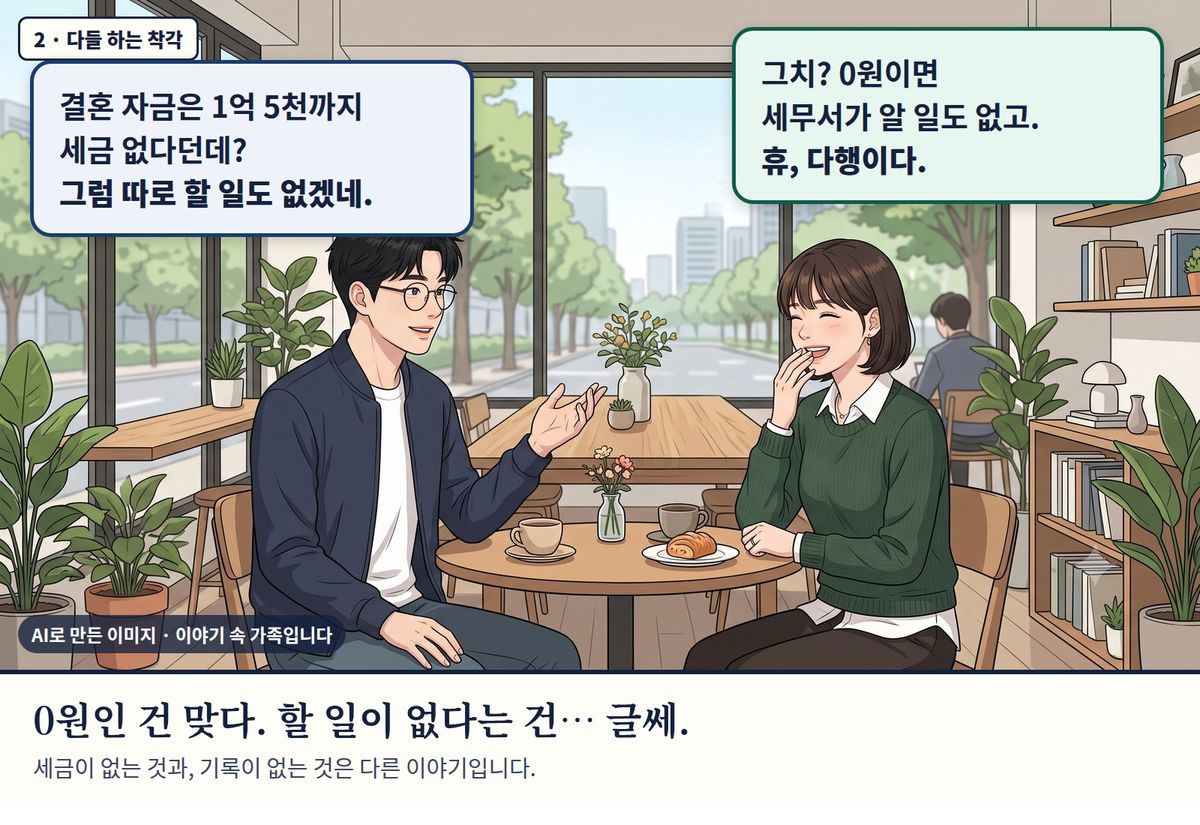 이야기 속 가족(AI 이미지) 2컷, 다음 날 카페. 도윤: 결혼 자금은 1억 5천까지 세금 없다던데? 그럼 따로 할 일도 없겠네. 하늘: 그치? 0원이면 세무서가 알 일도 없고. 휴, 다행이다. 자막: 0원인 건 맞다. 할 일이 없다는 건 글쎄.