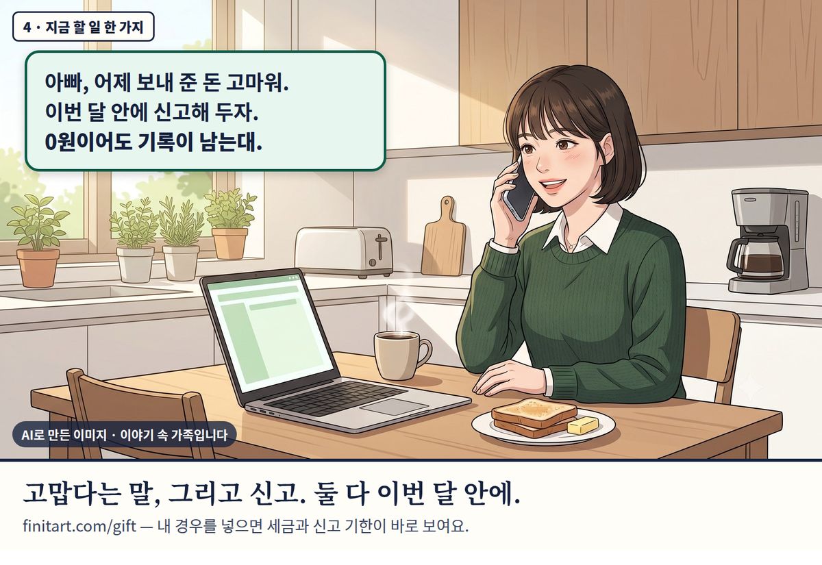 이야기 속 가족(AI 이미지) 4컷, 그 다음 날 아침 식탁. 하늘이 노트북을 켜 두고 아버지에게 전화한다. 아빠, 어제 보내 준 돈 고마워. 이번 달 안에 신고해 두자. 0원이어도 기록이 남는대.