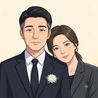검은 정장을 입고 나란히 선 남매. 가슴에 흰 국화