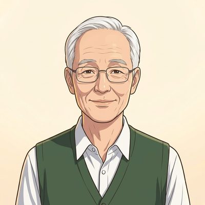 72세 신해남. 흰머리에 안경을 쓰고 초록 조끼를 입은 모습