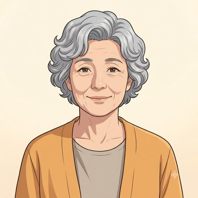 68세 허미향. 은회색 파마머리에 앰버색 카디건을 입은 모습