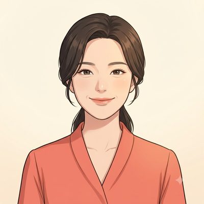 42세 신연선. 머리를 뒤로 묶고 코랄색 블라우스를 입은 모습