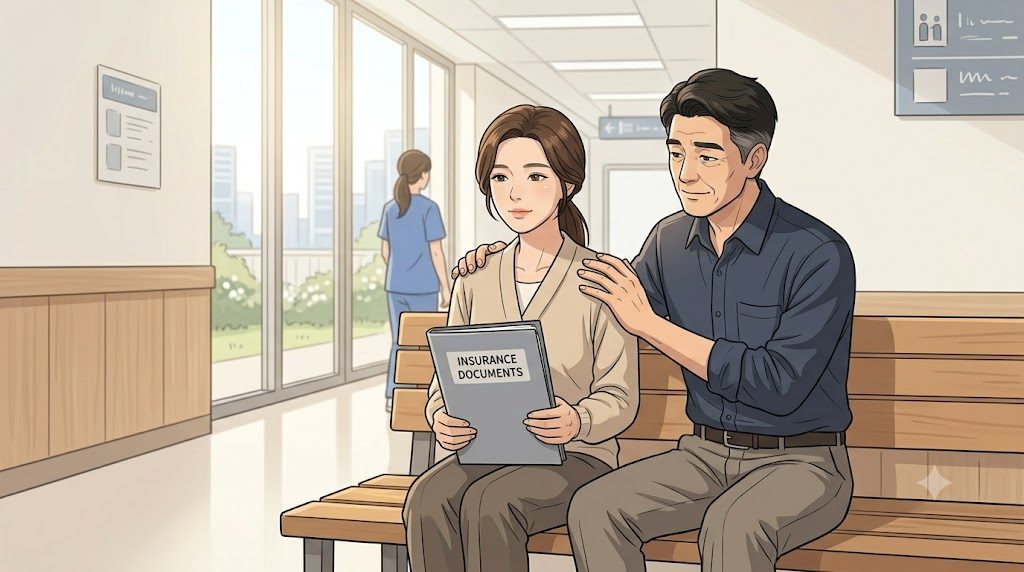 병원 복도 벤치에서 보험 서류를 든 동생의 어깨를 오빠가 감싸 주는 모습