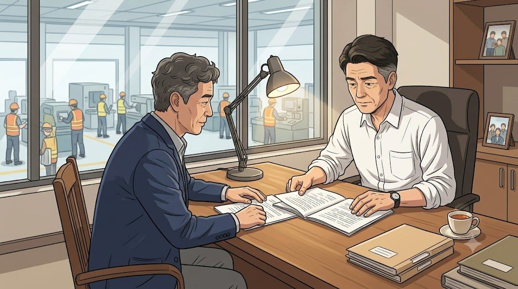공장이 보이는 사무실에서 대표와 상담사가 서류를 함께 검토하는 모습