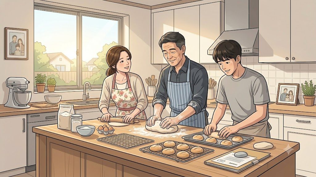 부모와 성인 아들이 밝은 부엌에서 함께 빵을 굽는 모습
