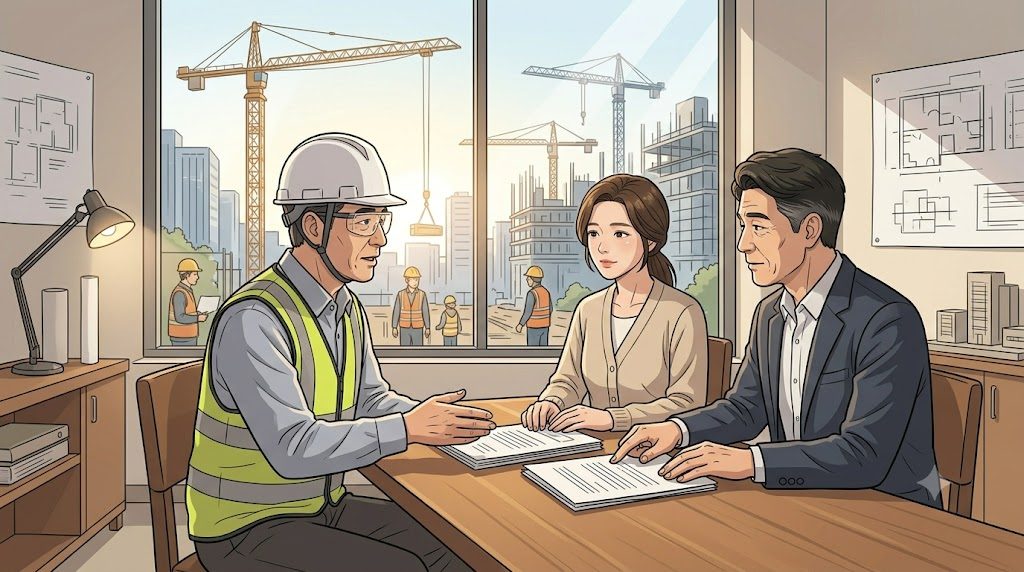 공사 현장이 보이는 사무실에서 안전관리자·상담사와 서류를 살펴보는 가족