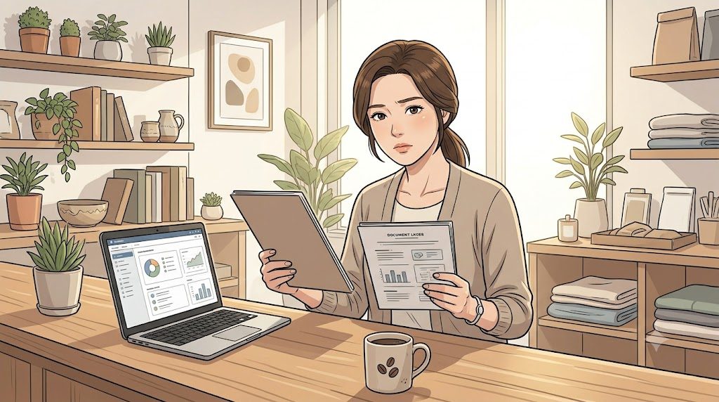 가게 계산대에서 보험 증권 두 장을 나란히 들고 비교하는 여성