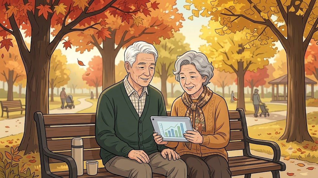 단풍 든 공원 벤치에서 태블릿의 그래프를 함께 보며 웃는 노부부