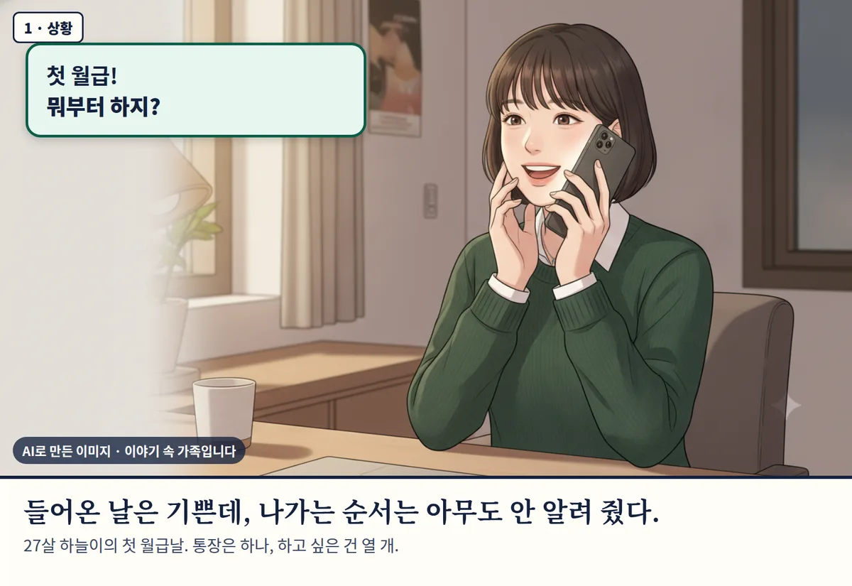 4컷 카툰 1컷(AI로 만든 이미지, 이야기 속 가족): 들어온 날은 기쁜데, 나가는 순서는 아무도 안 알려 줬다. 27살 하늘이의 첫 월급날. 통장은 하나, 하고 싶은 건 열 개.