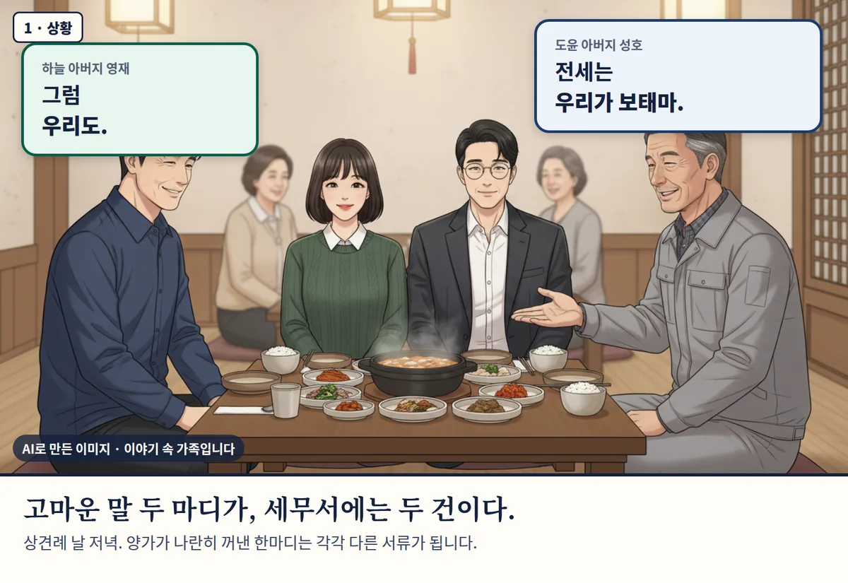 4컷 카툰 1컷(AI로 만든 이미지, 이야기 속 가족): 고마운 말 두 마디가, 세무서에는 두 건이다. 상견례 날 저녁. 양가가 나란히 꺼낸 한마디는 각각 다른 서류가 됩니다.