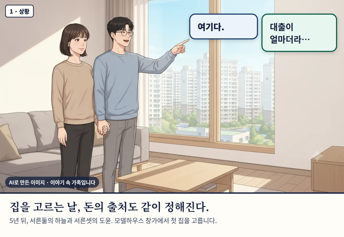 4컷 카툰 1컷(AI로 만든 이미지, 이야기 속 가족): 집을 고르는 날, 돈의 출처도 같이 정해진다. 5년 뒤, 서른둘의 하늘과 서른셋의 도윤. 모델하우스 창가에서 첫 집을 고릅니다.