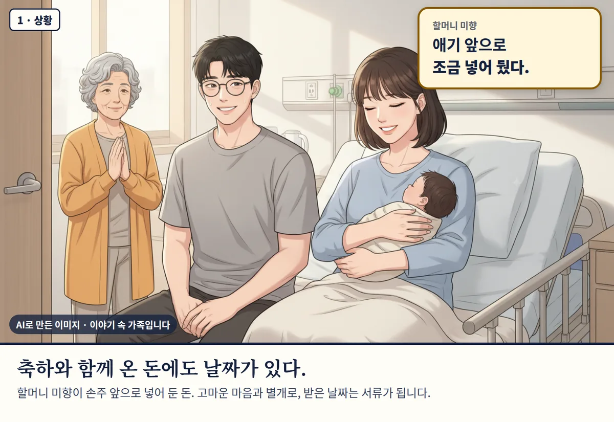 4컷 카툰 1컷(AI로 만든 이미지, 이야기 속 가족): 축하와 함께 온 돈에도 날짜가 있다. 할머니 미향이 손주 앞으로 넣어 둔 돈. 고마운 마음과 별개로, 받은 날짜는 서류가 됩니다.