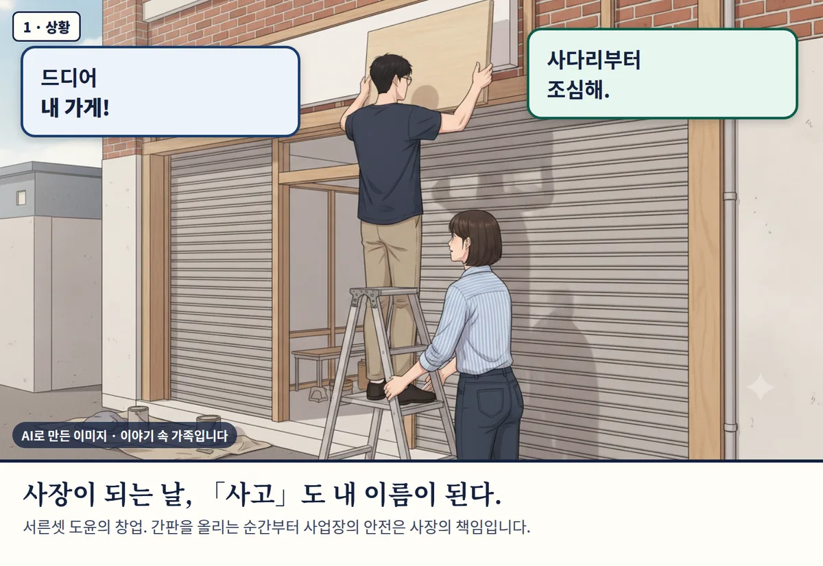 4컷 카툰 1컷(AI로 만든 이미지, 이야기 속 가족): 사장이 되는 날, 「사고」도 내 이름이 된다. 서른셋 도윤의 창업. 간판을 올리는 순간부터 사업장의 안전은 사장의 책임입니다.