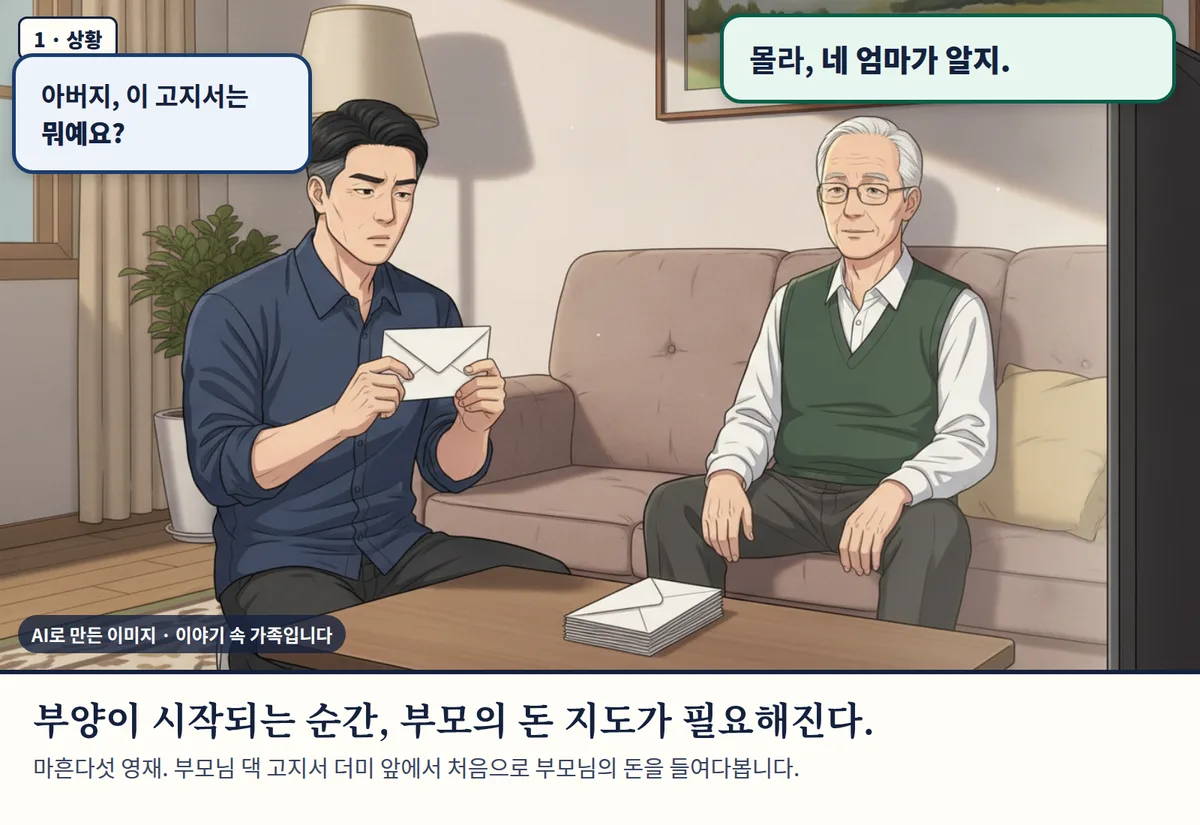 4컷 카툰 1컷(AI로 만든 이미지, 이야기 속 가족): 부양이 시작되는 순간, 부모의 돈 지도가 필요해진다. 마흔다섯 영재. 부모님 댁 고지서 더미 앞에서 처음으로 부모님의 돈을 들여다봅니다.