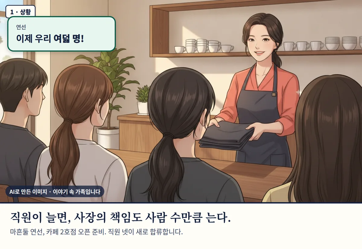 4컷 카툰 1컷(AI로 만든 이미지, 이야기 속 가족): 직원이 늘면, 사장의 책임도 사람 수만큼 는다. 마흔둘 연선, 카페 2호점 오픈 준비. 직원 넷이 새로 합류합니다.