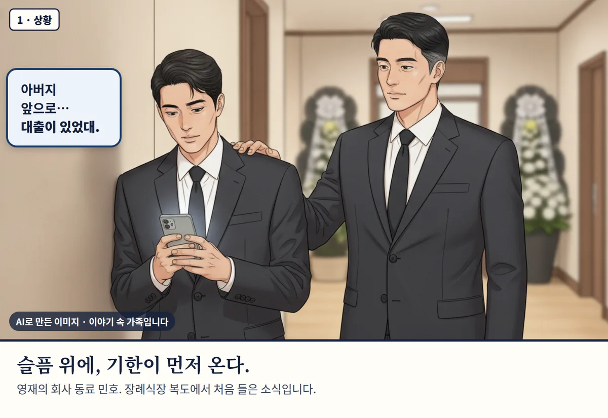 4컷 카툰 1컷(AI로 만든 이미지, 이야기 속 가족): 슬픔 위에, 기한이 먼저 온다. 영재의 회사 동료 민호. 장례식장 복도에서 처음 들은 소식입니다.