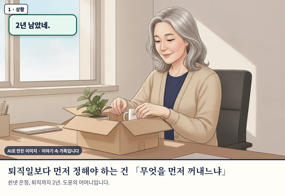 4컷 카툰 1컷(AI로 만든 이미지, 이야기 속 가족): 퇴직일보다 먼저 정해야 하는 건 「무엇을 먼저 꺼내느냐」 쉰넷 은정, 퇴직까지 2년. 도윤의 어머니입니다.