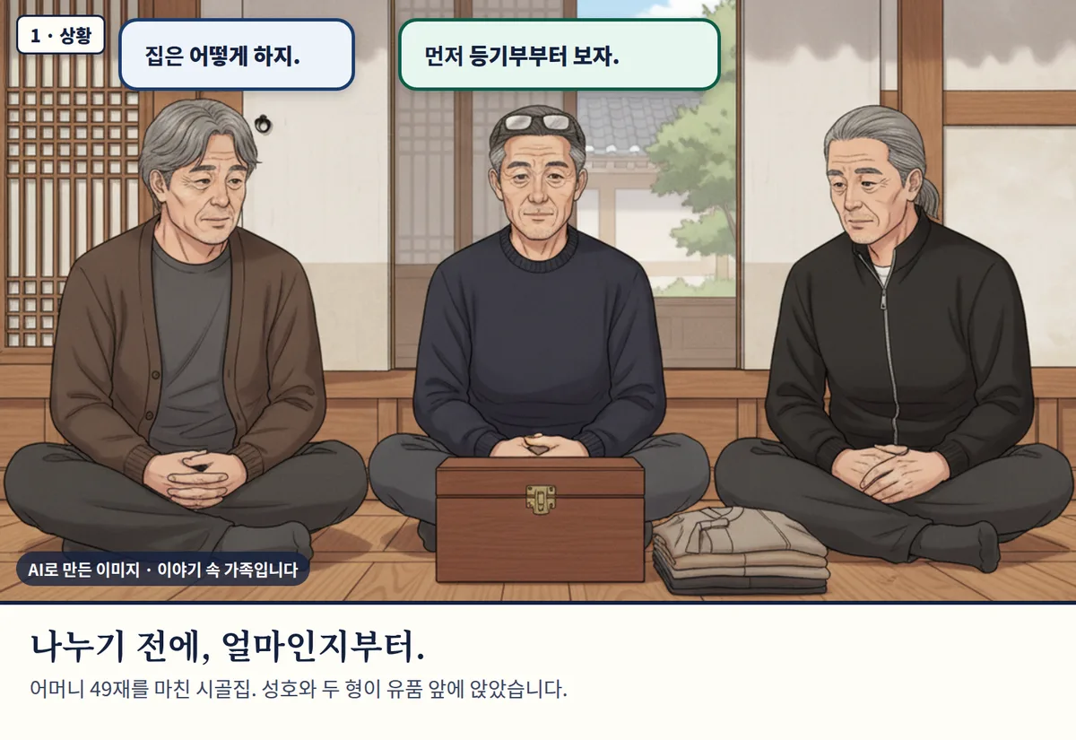 4컷 카툰 1컷(AI로 만든 이미지, 이야기 속 가족): 나누기 전에, 얼마인지부터. 어머니 49재를 마친 시골집. 성호와 두 형이 유품 앞에 앉았습니다.