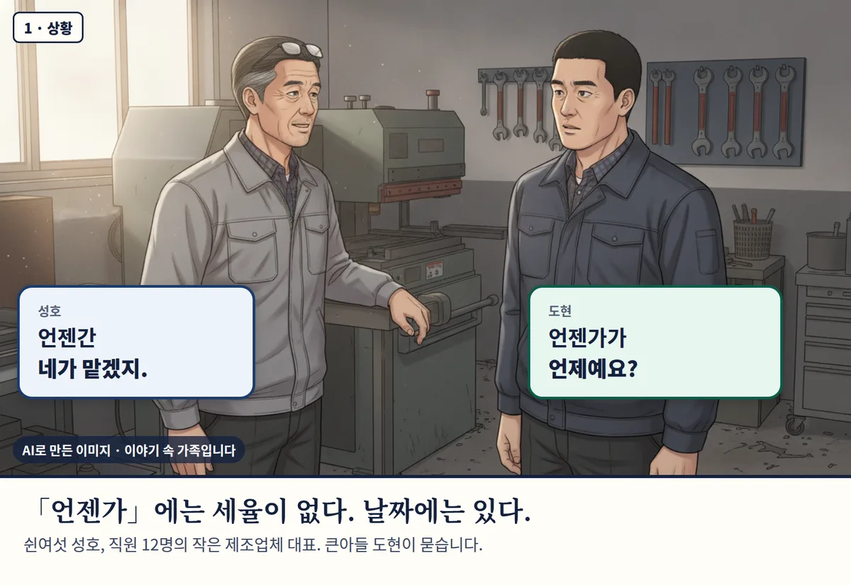 4컷 카툰 1컷(AI로 만든 이미지, 이야기 속 가족): 「언젠가」에는 세율이 없다. 날짜에는 있다. 쉰여섯 성호, 직원 12명의 작은 제조업체 대표. 큰아들 도현이 묻습니다.