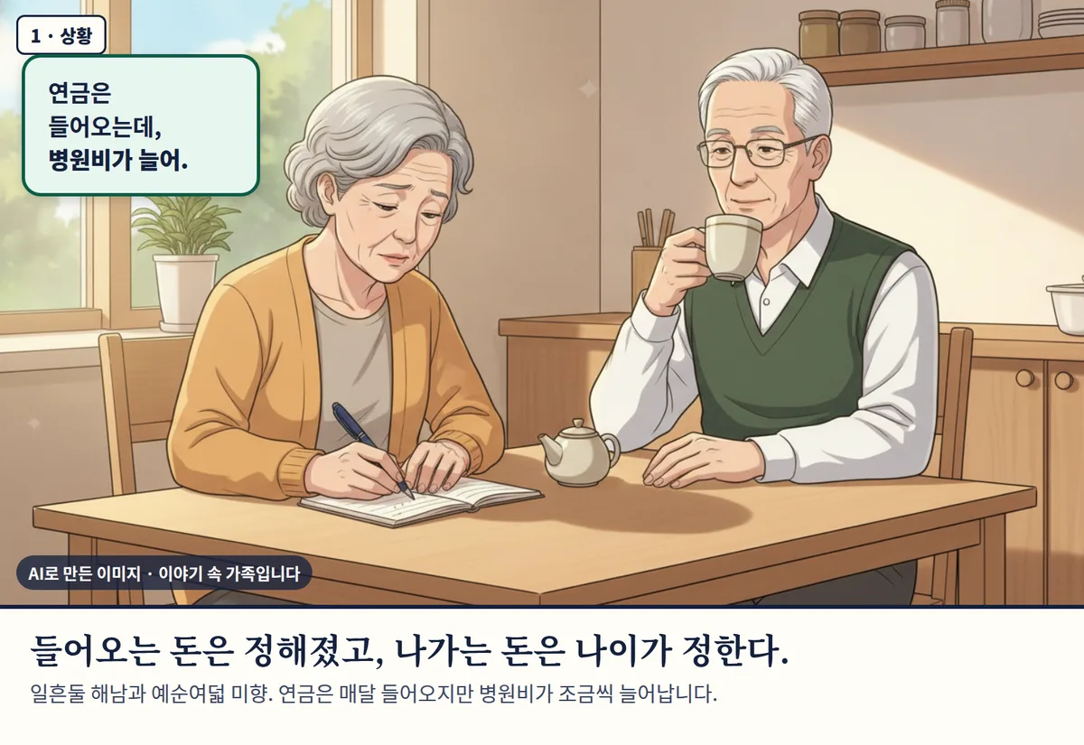 4컷 카툰 1컷(AI로 만든 이미지, 이야기 속 가족): 들어오는 돈은 정해졌고, 나가는 돈은 나이가 정한다. 일흔둘 해남과 예순여덟 미향. 연금은 매달 들어오지만 병원비가 조금씩 늘어납니다.