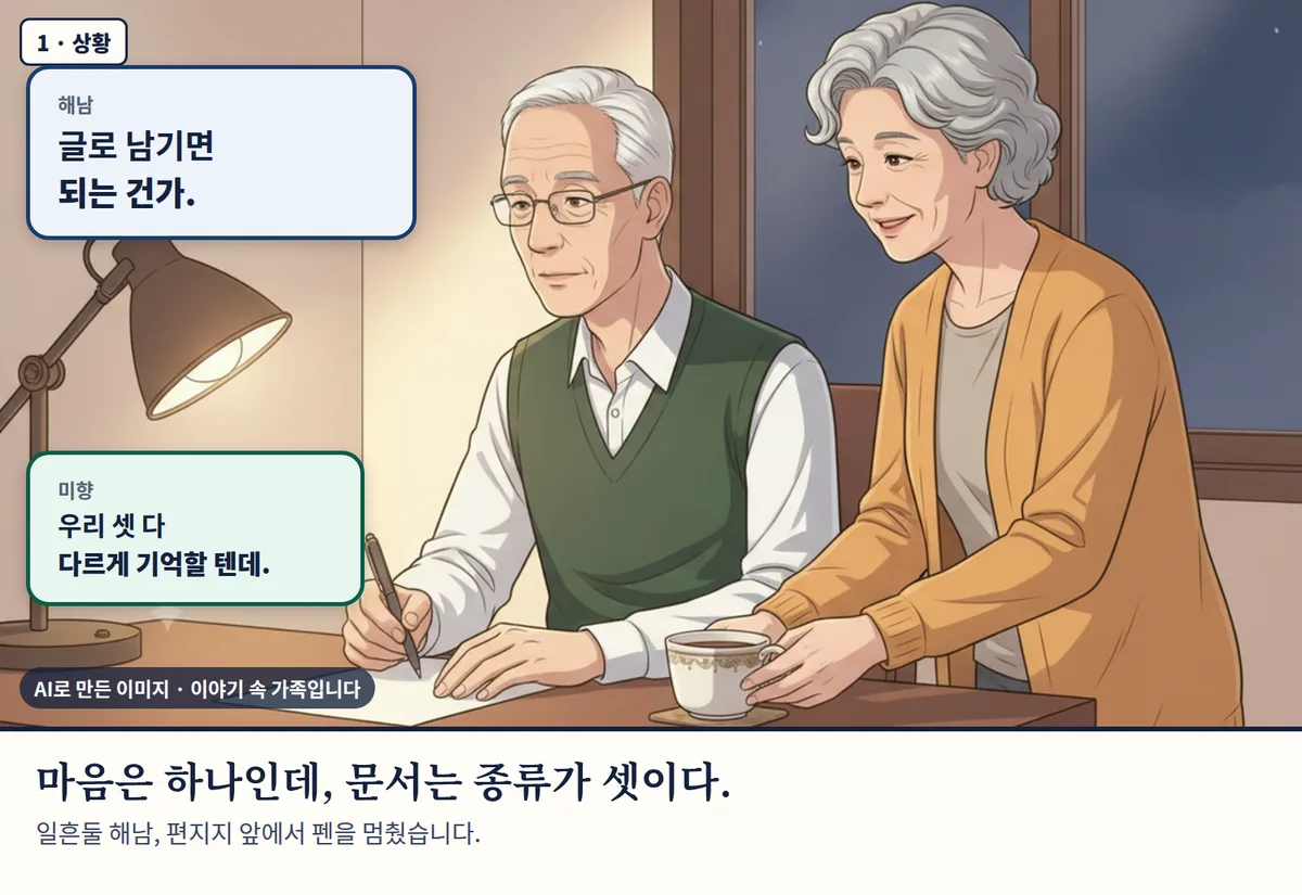 4컷 카툰 1컷(AI로 만든 이미지, 이야기 속 가족): 마음은 하나인데, 문서는 종류가 셋이다. 일흔둘 해남, 편지지 앞에서 펜을 멈췄습니다.