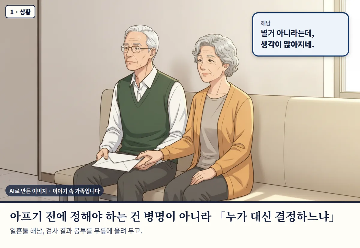 4컷 카툰 1컷(AI로 만든 이미지, 이야기 속 가족): 아프기 전에 정해야 하는 건 병명이 아니라 「누가 대신 결정하느냐」 일흔둘 해남, 검사 결과 봉투를 무릎에 올려 두고.