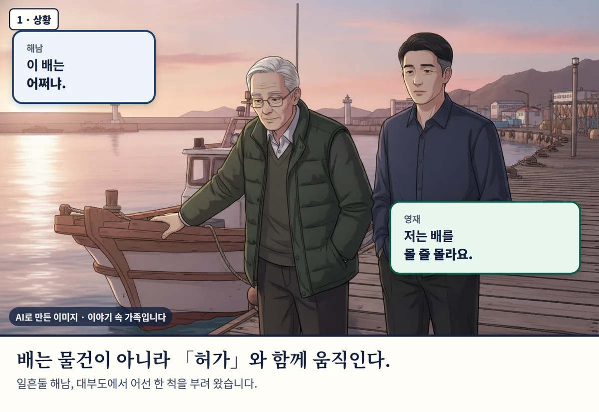 4컷 카툰 1컷(AI로 만든 이미지, 이야기 속 가족): 배는 물건이 아니라 「허가」와 함께 움직인다. 일흔둘 해남, 대부도에서 어선 한 척을 부려 왔습니다.