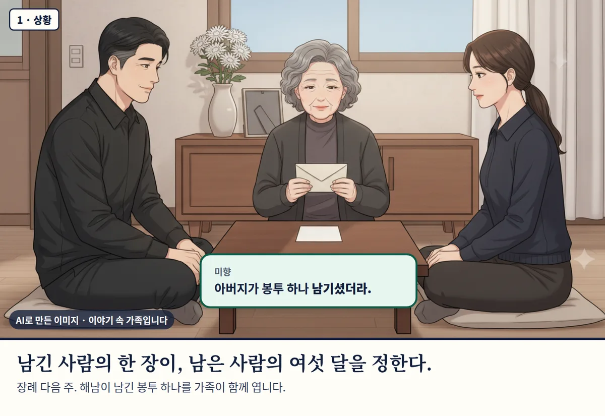 4컷 카툰 1컷(AI로 만든 이미지, 이야기 속 가족): 남긴 사람의 한 장이, 남은 사람의 여섯 달을 정한다. 장례 다음 주. 해남이 남긴 봉투 하나를 가족이 함께 엽니다.