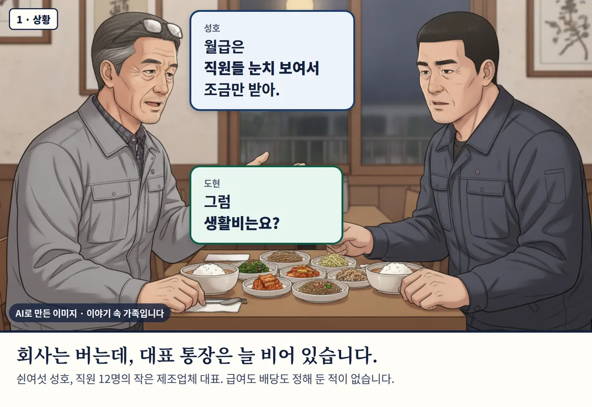 4컷 카툰 1컷(1 · 상황, AI로 만든 이미지, 이야기 속 가족): 성호: 월급은 직원들 눈치 보여서 조금만 받아. / 도현: 그럼 생활비는요? 회사는 버는데, 대표 통장은 늘 비어 있습니다. 쉰여섯 성호, 직원 12명의 작은 제조업체 대표. 급여도 배당도 정해 둔 적이 없습니다.