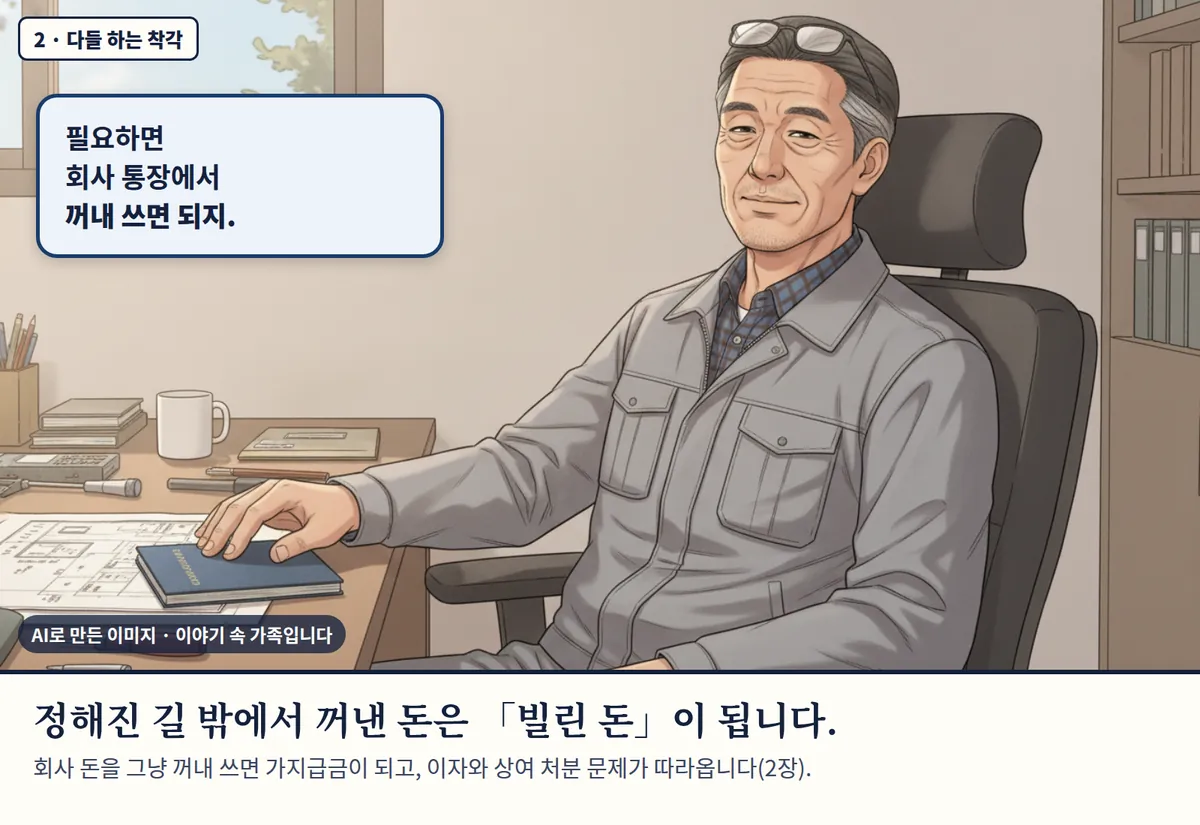 4컷 카툰 2컷(2 · 다들 하는 착각, AI로 만든 이미지, 이야기 속 가족): 필요하면 회사 통장에서 꺼내 쓰면 되지. 정해진 길 밖에서 꺼낸 돈은 「빌린 돈」이 됩니다. 회사 돈을 그냥 꺼내 쓰면 가지급금이 되고, 이자와 상여 처분 문제가 따라옵니다(2장).