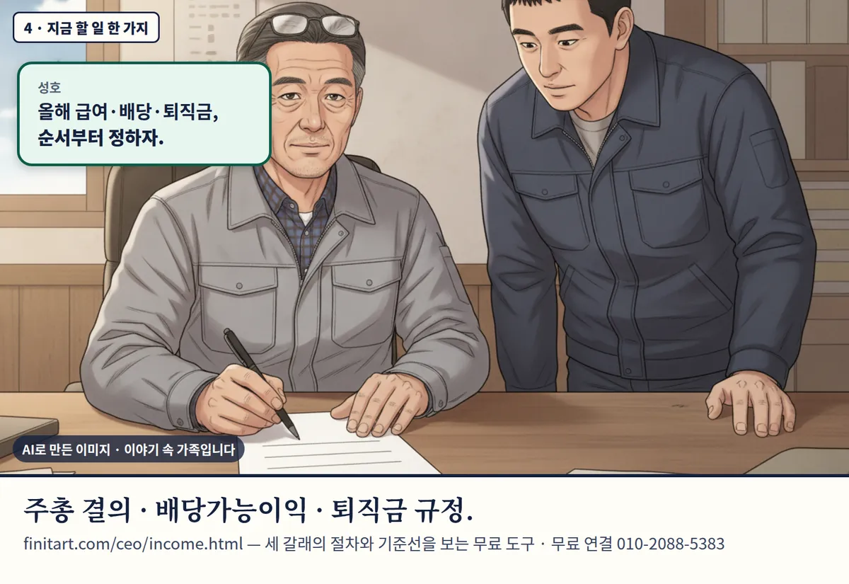 4컷 카툰 4컷(4 · 지금 할 일 한 가지, AI로 만든 이미지, 이야기 속 가족): 성호: 올해 급여·배당·퇴직금, 순서부터 정하자. 주총 결의 · 배당가능이익 · 퇴직금 규정. finitart.com/ceo/income.html — 세 갈래의 절차와 기준선을 보는 무료 도구 · 무료 연결 010-2088-5383