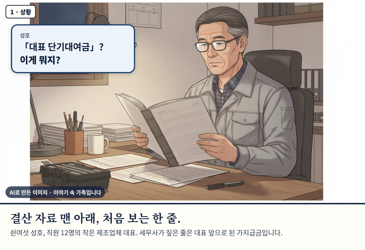 4컷 카툰 1컷(1 · 상황, AI로 만든 이미지, 이야기 속 가족): 성호: 「대표 단기대여금」? 이게 뭐지? 결산 자료 맨 아래, 처음 보는 한 줄. 쉰여섯 성호, 직원 12명의 작은 제조업체 대표. 세무사가 짚은 줄은 대표 앞으로 된 가지급금입니다.