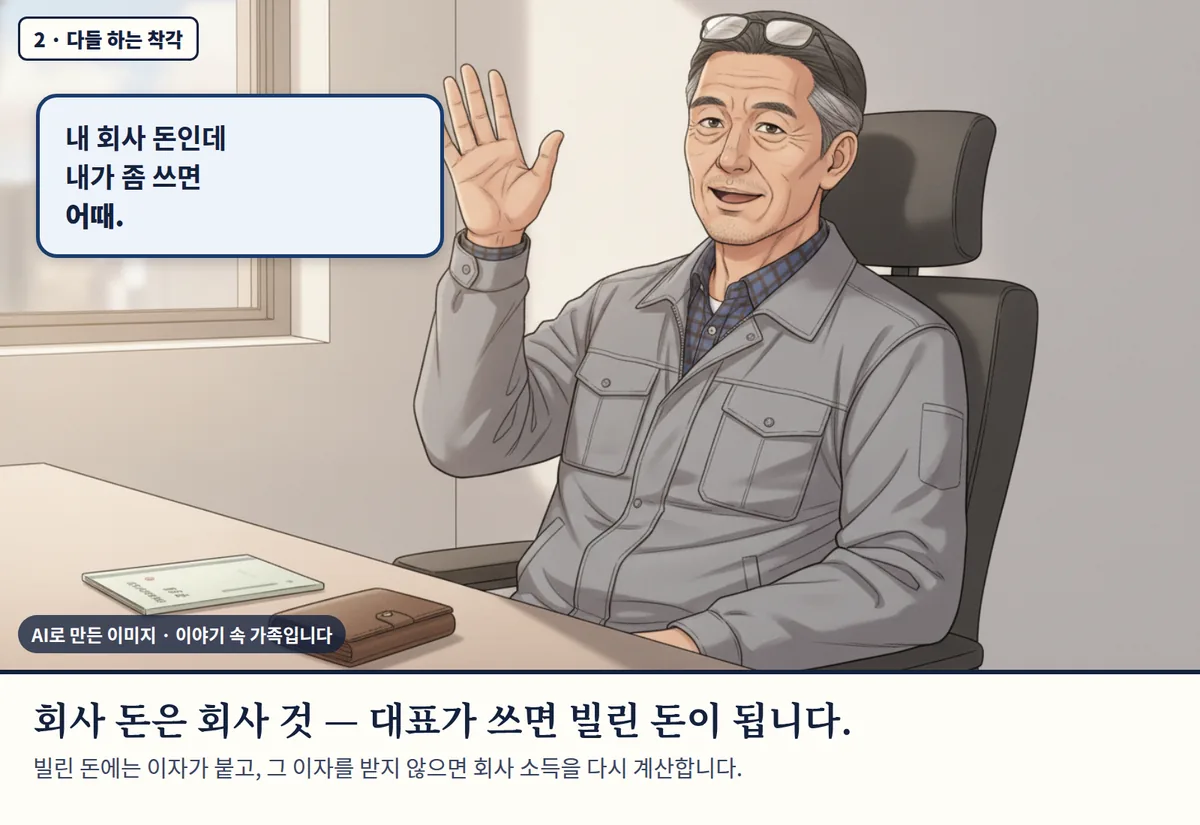 4컷 카툰 2컷(2 · 다들 하는 착각, AI로 만든 이미지, 이야기 속 가족): 내 회사 돈인데 내가 좀 쓰면 어때. 회사 돈은 회사 것 — 대표가 쓰면 빌린 돈이 됩니다. 빌린 돈에는 이자가 붙고, 그 이자를 받지 않으면 회사 소득을 다시 계산합니다.