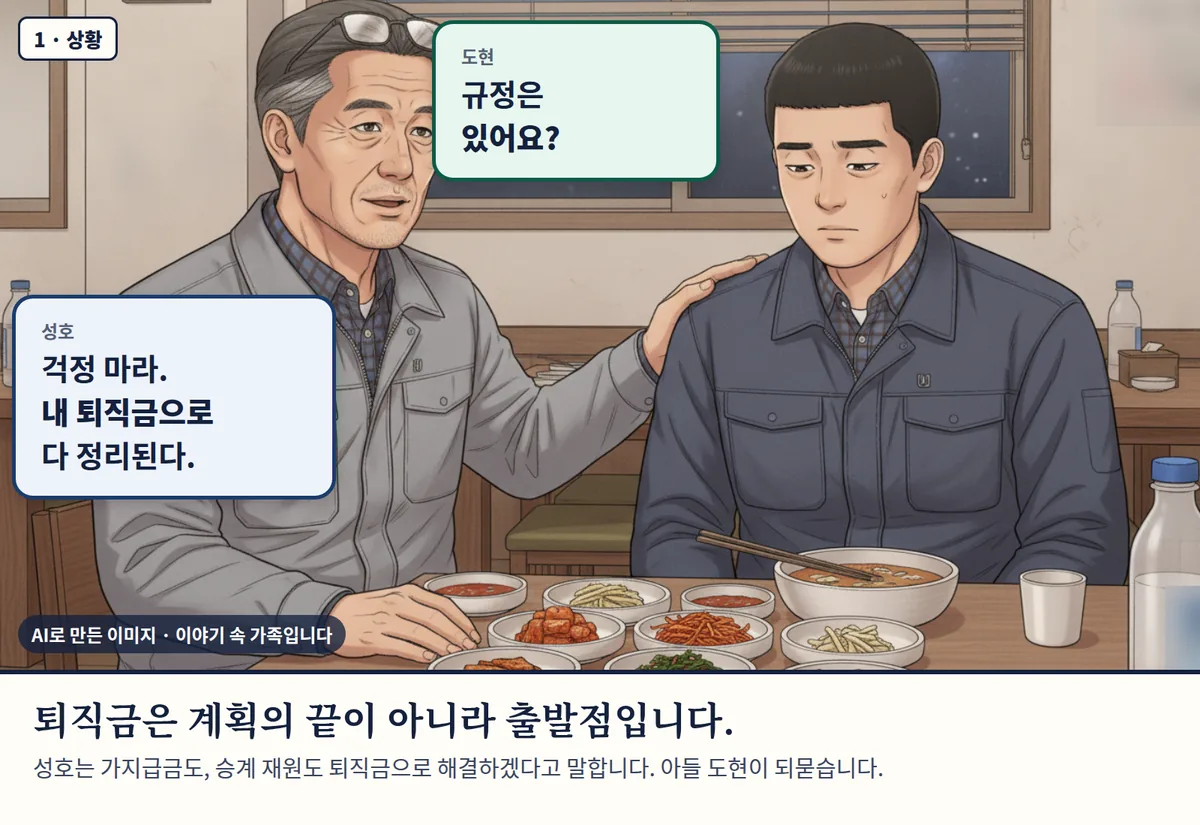 4컷 카툰 1컷(1 · 상황, AI로 만든 이미지, 이야기 속 가족): 성호: 걱정 마라. 내 퇴직금으로 다 정리된다. / 도현: 규정은 있어요? 퇴직금은 계획의 끝이 아니라 출발점입니다. 성호는 가지급금도, 승계 재원도 퇴직금으로 해결하겠다고 말합니다. 아들 도현이 되묻습니다.