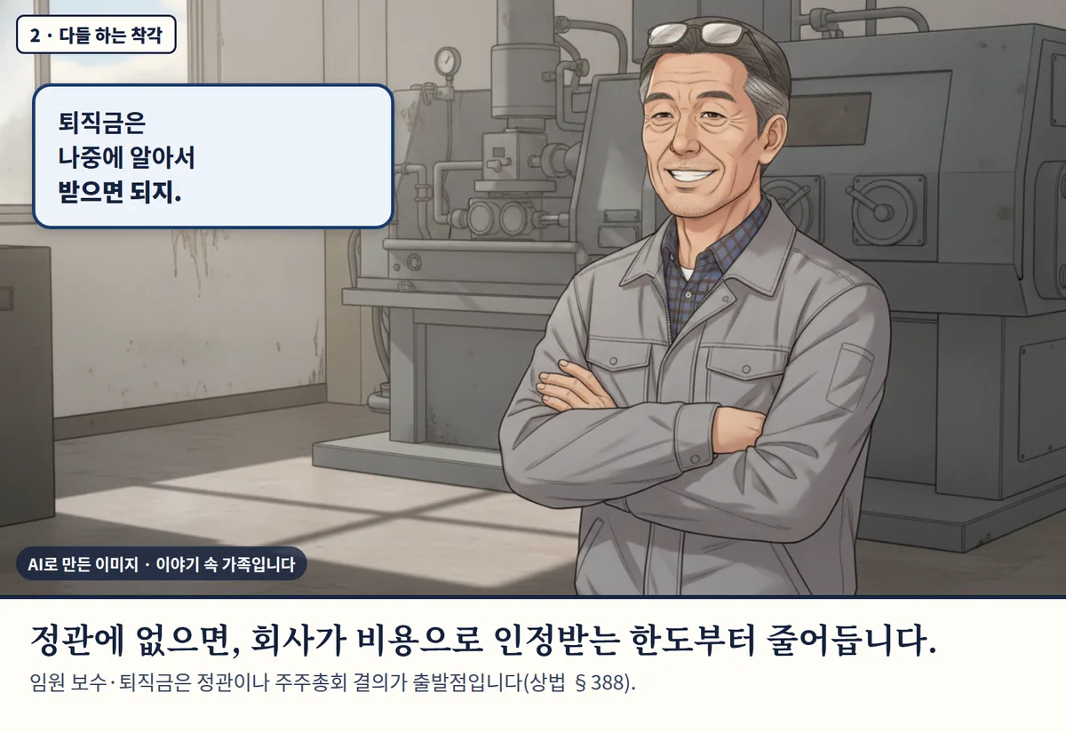 4컷 카툰 2컷(2 · 다들 하는 착각, AI로 만든 이미지, 이야기 속 가족): 퇴직금은 나중에 알아서 받으면 되지. 정관에 없으면, 회사가 비용으로 인정받는 한도부터 줄어듭니다. 임원 보수·퇴직금은 정관이나 주주총회 결의가 출발점입니다(상법 §388).