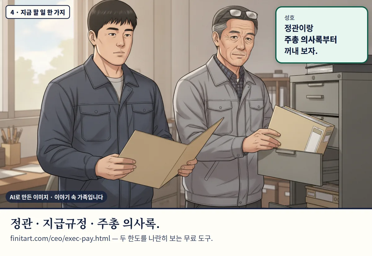 4컷 카툰 4컷(4 · 지금 할 일 한 가지, AI로 만든 이미지, 이야기 속 가족): 성호: 정관이랑 주총 의사록부터 꺼내 보자. 정관 · 지급규정 · 주총 의사록. finitart.com/ceo/exec-pay.html — 두 한도를 나란히 보는 무료 도구.