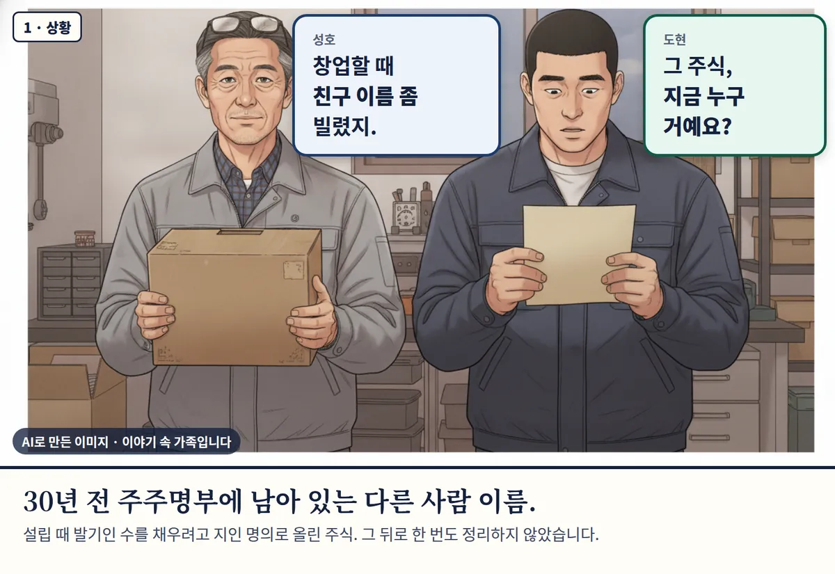 4컷 카툰 1컷(1 · 상황, AI로 만든 이미지, 이야기 속 가족): 성호: 창업할 때 친구 이름 좀 빌렸지. / 도현: 그 주식, 지금 누구 거예요? 30년 전 주주명부에 남아 있는 다른 사람 이름. 설립 때 발기인 수를 채우려고 지인 명의로 올린 주식. 그 뒤로 한 번도 정리하지 않았습니다.