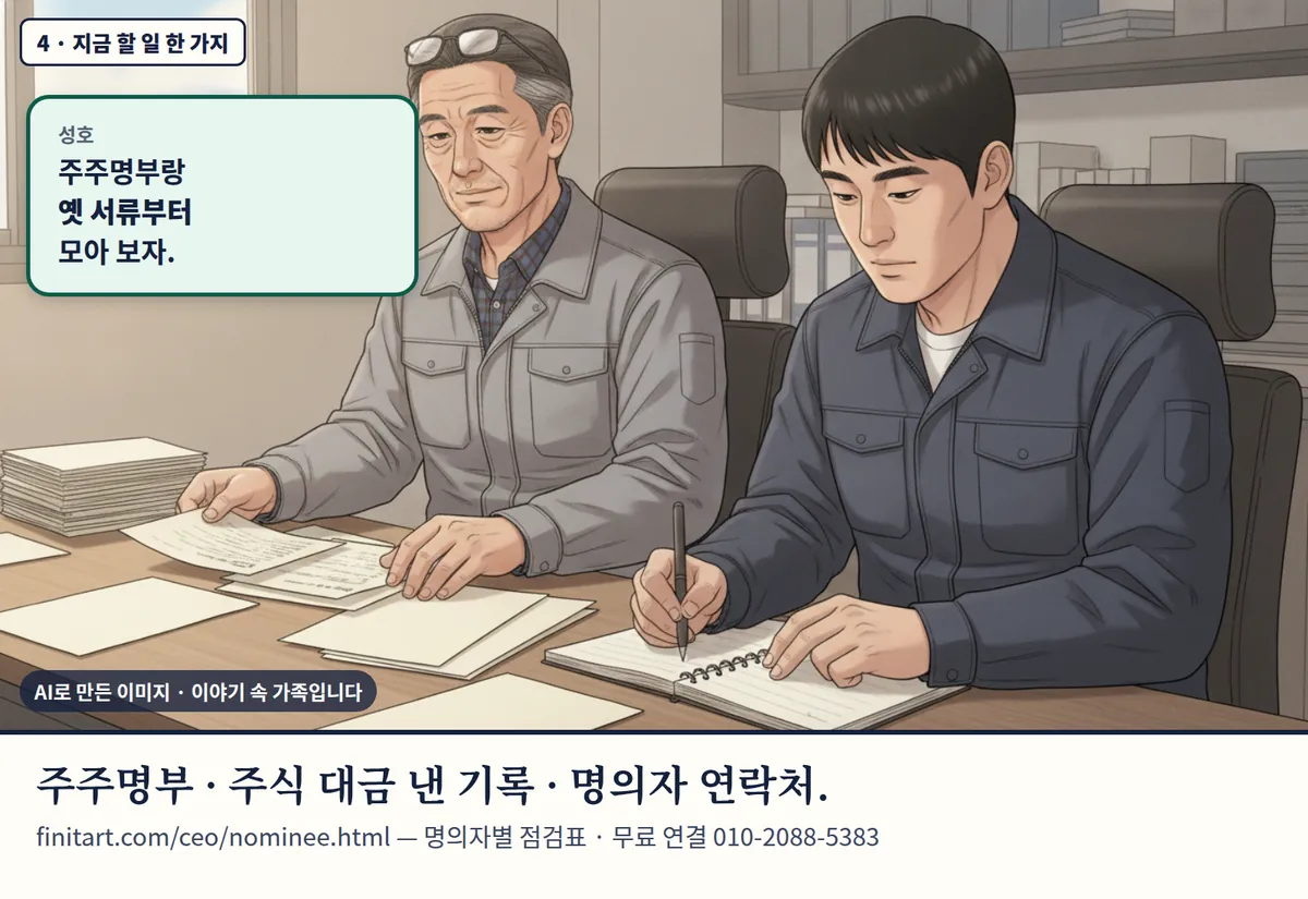 4컷 카툰 4컷(4 · 지금 할 일 한 가지, AI로 만든 이미지, 이야기 속 가족): 성호: 주주명부랑 옛 서류부터 모아 보자. 주주명부 · 주식 대금 낸 기록 · 명의자 연락처. finitart.com/ceo/nominee.html — 명의자별 점검표 · 무료 연결 010-2088-5383