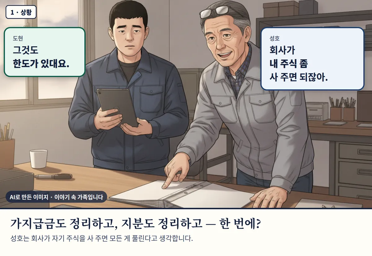 4컷 카툰 1컷(1 · 상황, AI로 만든 이미지, 이야기 속 가족): 도현: 그것도 한도가 있대요. / 성호: 회사가 내 주식 좀 사 주면 되잖아. 가지급금도 정리하고, 지분도 정리하고 — 한 번에? 성호는 회사가 자기 주식을 사 주면 모든 게 풀린다고 생각합니다.