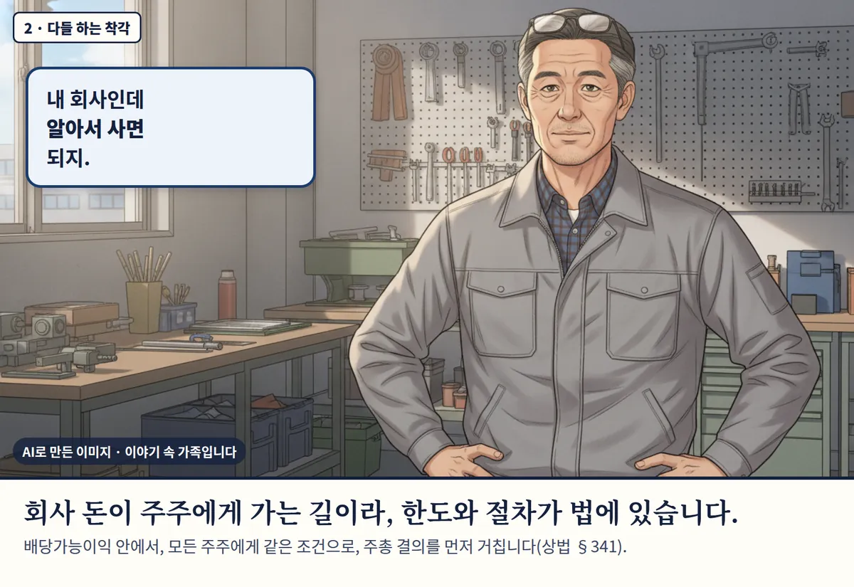 4컷 카툰 2컷(2 · 다들 하는 착각, AI로 만든 이미지, 이야기 속 가족): 내 회사인데 알아서 사면 되지. 회사 돈이 주주에게 가는 길이라, 한도와 절차가 법에 있습니다. 배당가능이익 안에서, 모든 주주에게 같은 조건으로, 주총 결의를 먼저 거칩니다(상법 §341).
