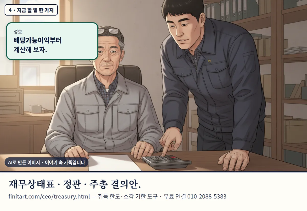 4컷 카툰 4컷(4 · 지금 할 일 한 가지, AI로 만든 이미지, 이야기 속 가족): 성호: 배당가능이익부터 계산해 보자. 재무상태표 · 정관 · 주총 결의안. finitart.com/ceo/treasury.html — 취득 한도·소각 기한 도구 · 무료 연결 010-2088-5383