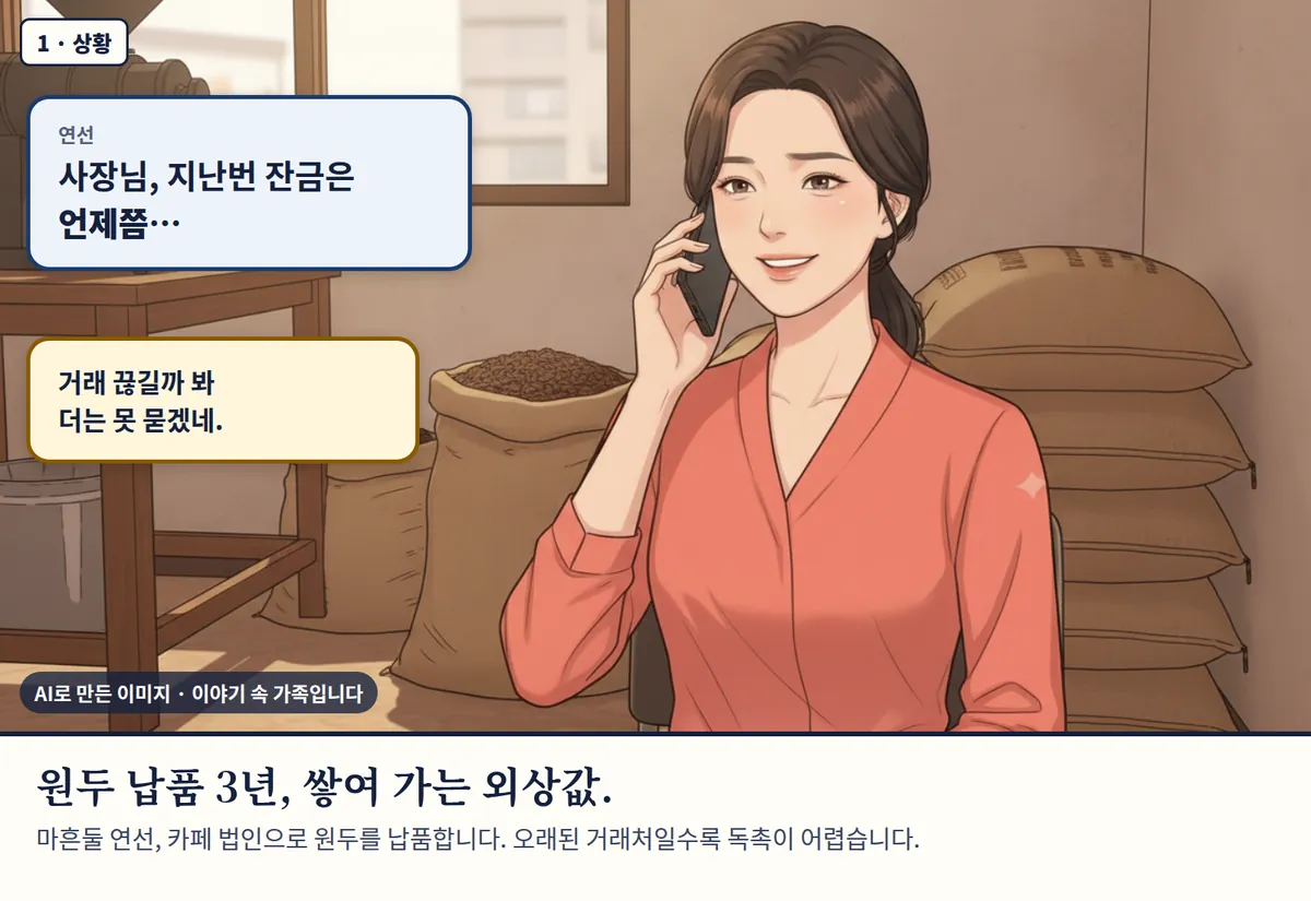 4컷 카툰 1컷(1 · 상황, AI로 만든 이미지, 이야기 속 가족): 연선: 사장님, 지난번 잔금은 언제쯤… / 거래 끊길까 봐 더는 못 묻겠네. 원두 납품 3년, 쌓여 가는 외상값. 마흔둘 연선, 카페 법인으로 원두를 납품합니다. 오래된 거래처일수록 독촉이 어렵습니다.